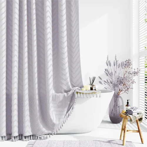Miniatura 10 de Dynamene - Cortina de ducha de tela bohemia con rayas con chebrón en relieve, juego de cortina angosta para baño, media cortina impermeable