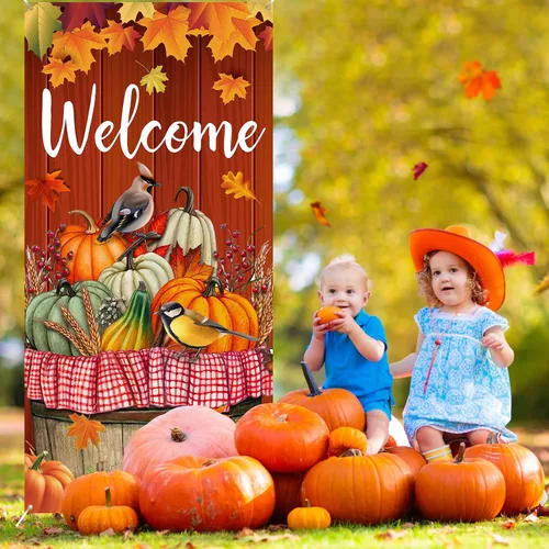 Miniatura 4 de Cartel de puerta de Acción de Gracias, decoración grande para puerta de otoño, pájaro, calabaza, telón de fondo, suministros de fiesta para cosecha