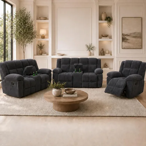 Miniatura 13 de Juego de sofá reclinable seccional con almacenamiento, juegos de muebles de pana para sala de estar, juego de sofá reclinable con portavasos, Beige