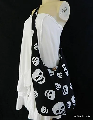 Miniatura 5 de BTP! - Bolso bandolera de algodón tailandés con diseño de calavera, punk rock, hippie, hobo, negro, (Black SKS5)