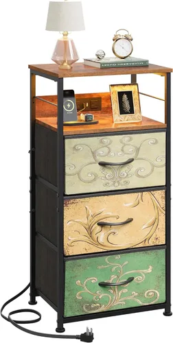 Miniatura 11 de WLIVE Mesita de noche con estación de carga, mesita de noche de 31.9" de altura con 3 cajones de tela, mesa de noche con LED con puertos USB