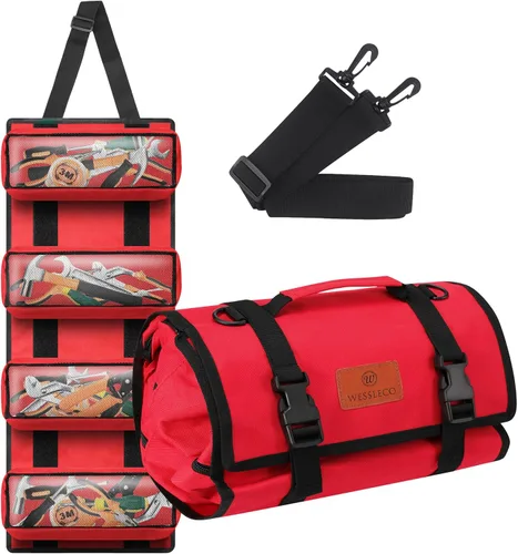 Miniatura 13 de Bolsa enrollable para herramientas, bolsa enrollable multiusos de lona de 16 onzas, organizador con 5 bolsillos para herramientas con cremallera
