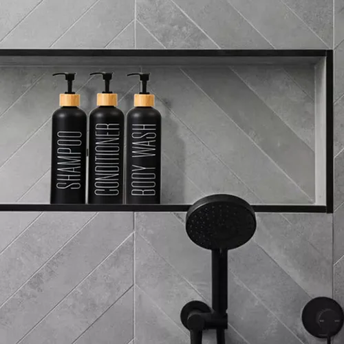 Miniatura 7 de HOMCDALY Juego de 3 botellas recargables negras para ducha de baño de 16 oz - Botellas vacías con bomba para champú, acondicionador o gel corporal