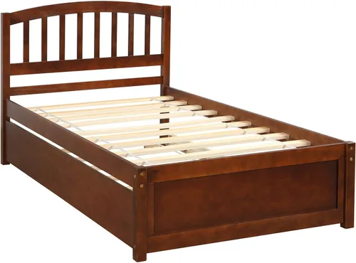 Miniatura 7 de Base de cama individual de madera maciza para niños con nido y cabecera curvada, base de cama de plataforma de perfil bajo con soporte de listones