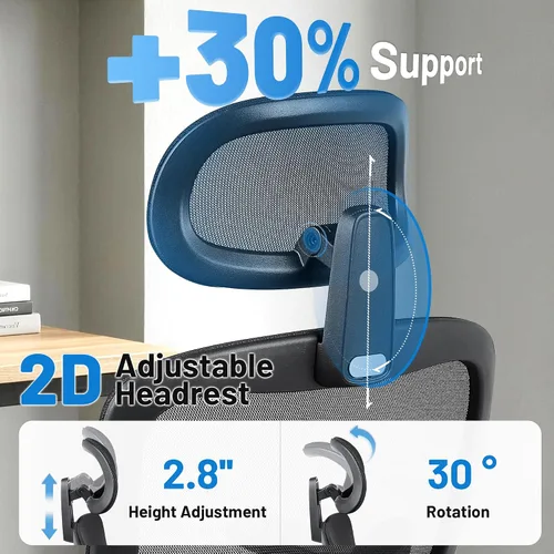 Miniatura 4 de Silla ergonómica de escritorio de oficina, silla de computadora de malla transpirable con respaldo alto, soporte lumbar 3D, reposacabezas 2D