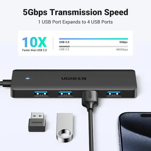 Miniatura 3 de UGREEN Hub USB 3.0, Expandidor Ultradelgado de 4 Puertos USB A para Teclado, Ratón, Unidad Flash, Disco U, Impresora Compatible con Laptop, PC