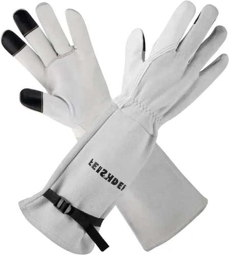 Miniatura 8 de Guantes de jardín para mujeres/hombres, a prueba de espinas, gamuza de piel de ciervo, 2 capas de cuero para poda de rosas, guantes largos
