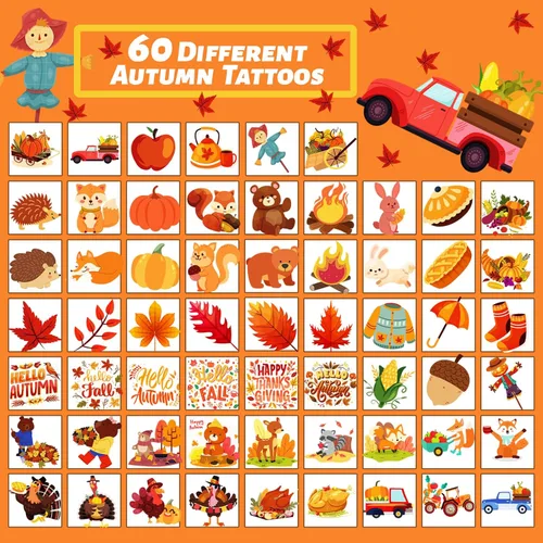 Miniatura 5 de 240 tatuajes temporales de otoño para niños, Acción de Gracias, impermeables, tatuajes de seguridad, la mejor opción para rellenar bolsas