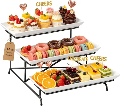 Miniatura 14 de Bandejas de servir de 3 niveles para fiesta, platos y bandejas de servir de porcelana, soporte de bandeja escalonada de 12 pulgadas, bandeja
