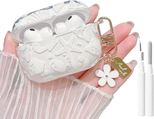 Miniatura 10 de MINSCOSE Compatible con AirPods Pro de 2ª/1ª generación, bonito diseño de patrón de conchas y estrellas de mar con llavero, funda protectora de TPU