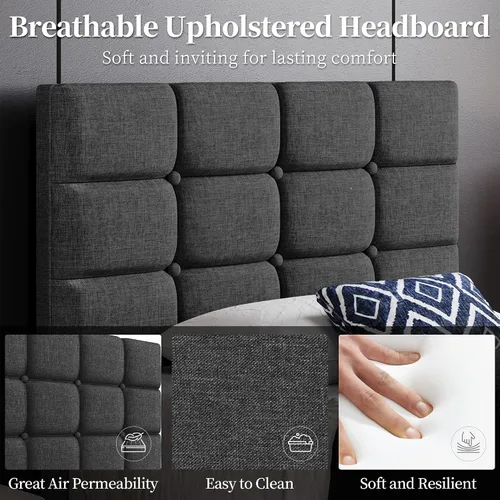 Miniatura 4 de Yaheetech Upholstered Bed Frame, Modern Twin Bed Platform with Square Stitched&Button Tufting Headboard Height Adjustable, Wooden Slats Support, No