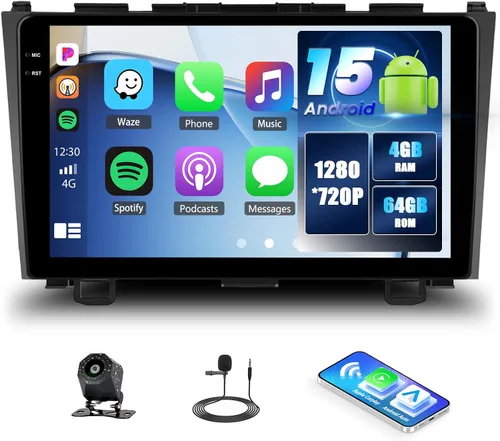 Miniatura 9 de 4 núcleos+64G Android 15 para Honda CRV 2007-2011 Radio de coche estéreo con A-pple inalámbrico CarPlay Android Auto WiFi GPS, pantalla táctil de 9