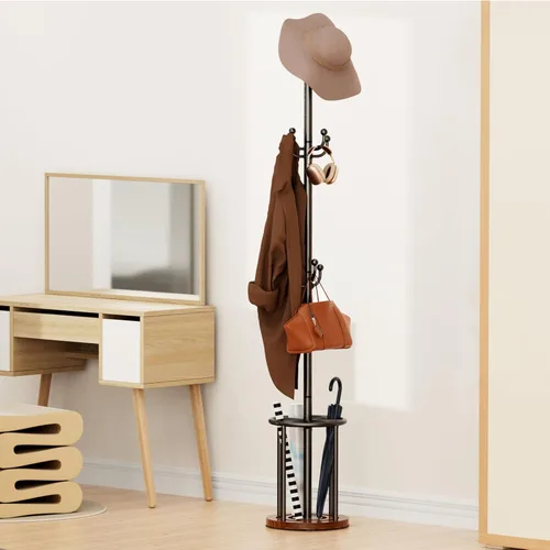 Miniatura 7 de Perchero independiente con soporte para paraguas, perchero con 12 ganchos para ropa, bolsos, sombreros, perchero, árbol, perchero, sombrero, Marrón