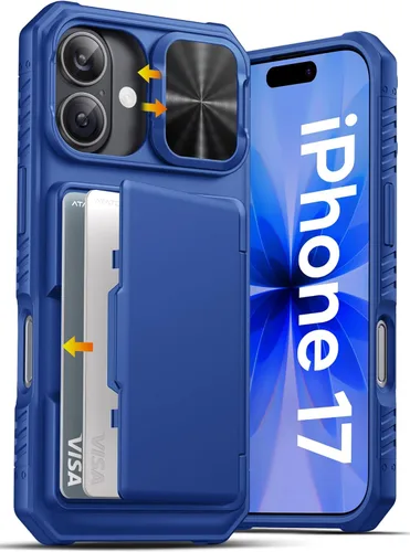 ATATOO Funda para iPhone 17 con Portador de Tarjetas (Almacena 3-5 Tarjetas) [Bloqueo RFID] y Cubierta Deslizante para Cámara, Protección de Grado