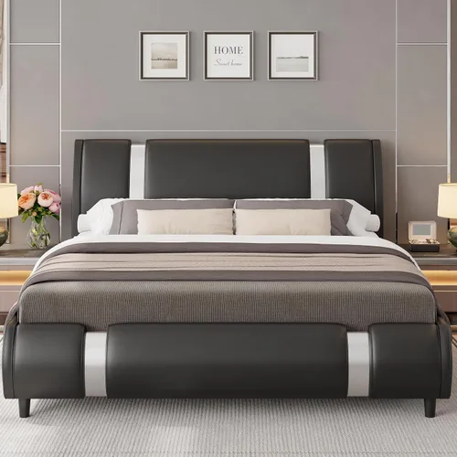 Miniatura 3 de Keyluv Base de cama moderna tapizada de piel sintética con cabecera decorativa de metal, soporte de listones de madera, no necesita somier