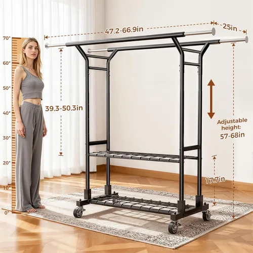 Miniatura 6 de Luxspire Perchero resistente con carga de 650 libras, percheros de ropa de doble barra para colgar ropa, estantes de ropa rodantes con ruedas