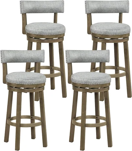 Miniatura 10 de COSTWAY Taburete de bar giratorio de 27 pulgadas, con respaldo acolchado y patas de madera de goma, silla de desayuno para isla de cocina