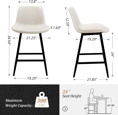 Miniatura 2 de Cozyman Taburete de bar de 24 pulgadas, moderno taburete de bar con respaldo y reposapiés, taburetes de bar de piel sintética para cocina, isla