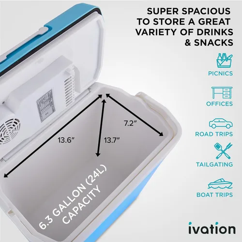 Miniatura 3 de Ivation Enfriador y calentador eléctrico con asa Refrigerador termoeléctrico portátil de 24 L para vehículos y camiones Cable de alimentación