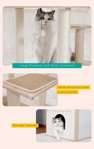 Miniatura 5 de PETEPELA Árbol para gatos de 56.7 pulgadas con caja de arena, torre grande de madera para gatos de interior con armario de almacenamiento y acogedor