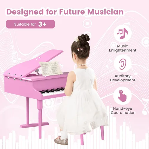 Miniatura 5 de Costzon Piano clásico para niños, piano de cola de madera de 30 teclas con soporte de música y banco, mini juguete musical para niños, ideal