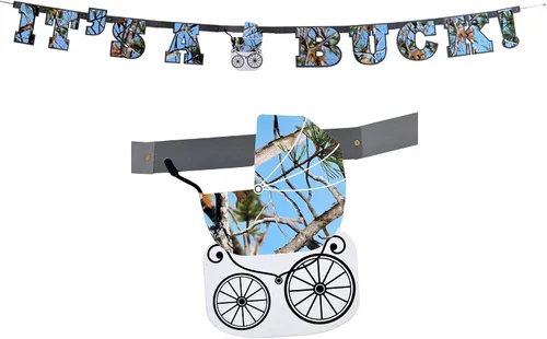 Havercamp Banner de revelación de género de camuflaje para bebé niño. - ¡Cartel de "It's A Buck!" - Letras de 7 1/2 pies de largo, 7 pulgadas en