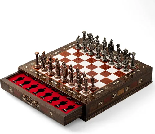 Miniatura 4 de Juego de ajedrez de madera de lujo con piezas metálicas del ejército británico, tablero de ajedrez de nogal hecho a mano con almacenamiento, regalo