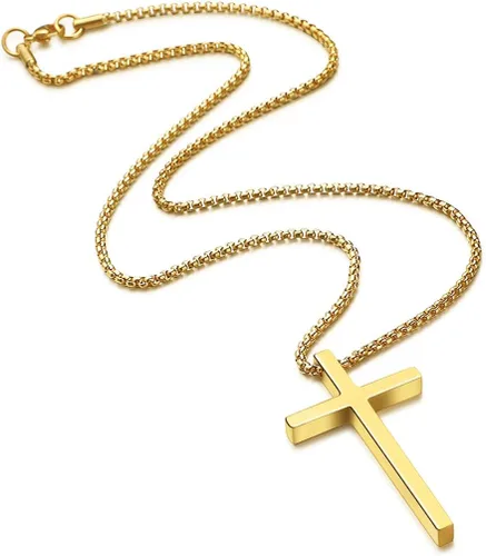 Miniatura 4 de Ursteel - Collar con dije de cruz de acero inoxidable para hombre, cadena de eslabones cuadrados de 16 a 30 pulgadas, color plateado, negro, dorado