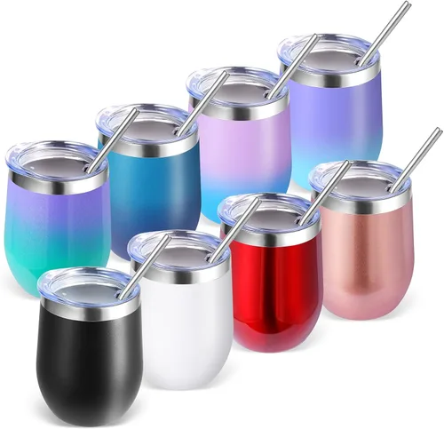 Miniatura 59 de Volhoply - Juego de 12 vasos de vino de 12 onzas con tapa, hechos de acero inoxidable con aislamiento al vacío de doble pared, vasos de vino sin Rosa