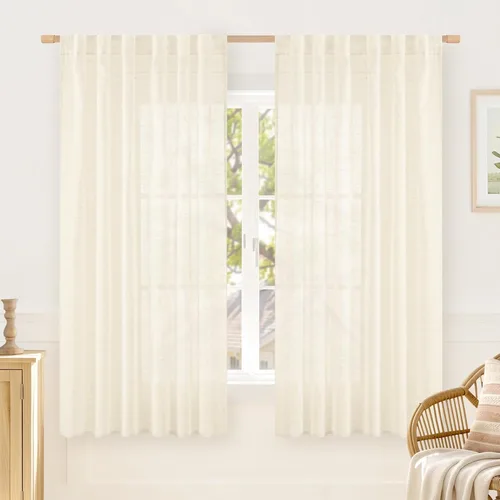 Miniatura 80 de LAMIT Cortinas de lino beige de 30 pulgadas de largo para ventanas pequeñas, cortinas semitransparentes filtrantes de luz, pestaña trasera