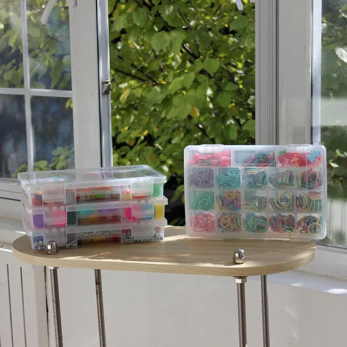 Miniatura 7 de Paquete de 4 cajas organizadoras de plástico transparente con 15 divisores ajustables y 3 secciones fijas, funda de transporte portátil con asa
