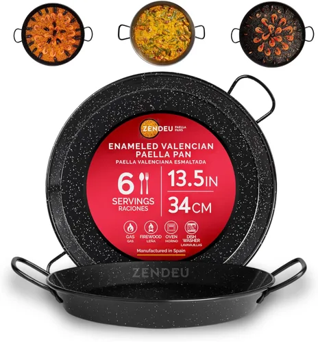 Paellera de paella de España – Auténtica paellera de acero al carbono esmaltado, grande 13.5 pulgadas (34 cm) | Paellera tradicional fabricada en
