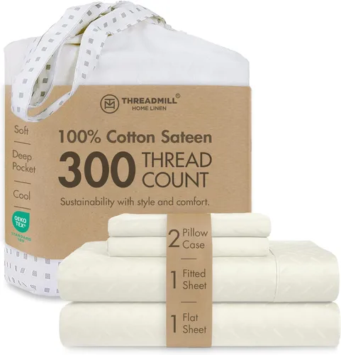 Miniatura 47 de Threadmill Sábanas 100% Algodón para Cama Tamaño King Juego de Sábanas de 4 Piezas para Cama King Suave, Transpirable y Ligero Satén de Damasco