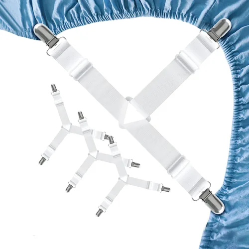 Miniatura 8 de FeelAtHome 4 piezas de clips para sábanas mantienen las sábanas en su lugar - Bandas de esquina y tirantes para sábanas ajustadas - Correas de Blanco