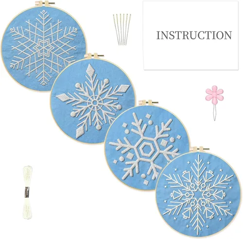 INFUNLY Paquete de 4 kits de bordado de copo de nieve, kits de punto de cruz para principiantes y adultos, kit de inicio de punto de aguja de Kit de