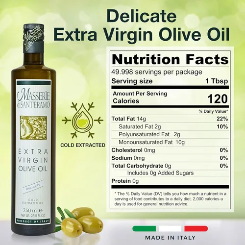 Miniatura 2 de Delicado aceite de oliva virgen extra italiano prensado en frío, aceite de oliva ligero para cocinar y freír, importado de Italia, 8.45 onzas