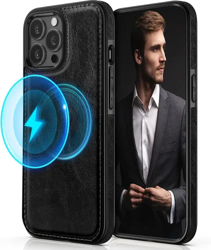 LOHASIC Funda diseñada para iPhone 14 Pro, elegante cubierta trasera magnética de cuero de negocios, a prueba de golpes, compatible con fundas Negro