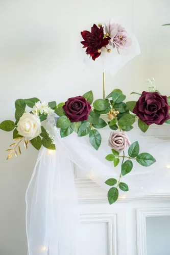 Miniatura 3 de PONATIA Guirnalda de Rosas Artificiales de Color Borgoña de 5 Pies Hecha a Mano, Flores Rosa Empolvado para Ceremonia de Boda, Guirnaldas de Telón