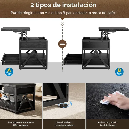 Miniatura 8 de Memobarco Mesa de Centro con Tapa Elevable de 40", Mesas de Centro Elevables Multifunción 4 en 1 con Cajones de Almacenamiento y Compartimento