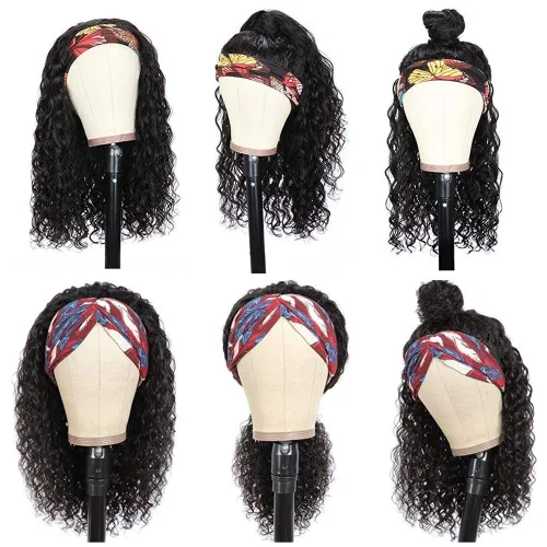 Miniatura 4 de Peluca de cabello humano ondulado con diadema para mujeres negras, 18 pulgadas, peluca de cabello virgen brasileño sin pegamento, sin encaje