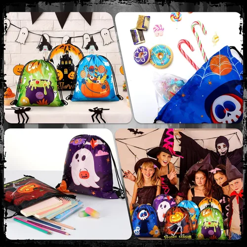 Miniatura 6 de Sanwuta 18 bolsas de cordón de Halloween a granel, bolsas de regalo de calabaza, golosinas, dulces, mochila con cordón, mochila de fantasma