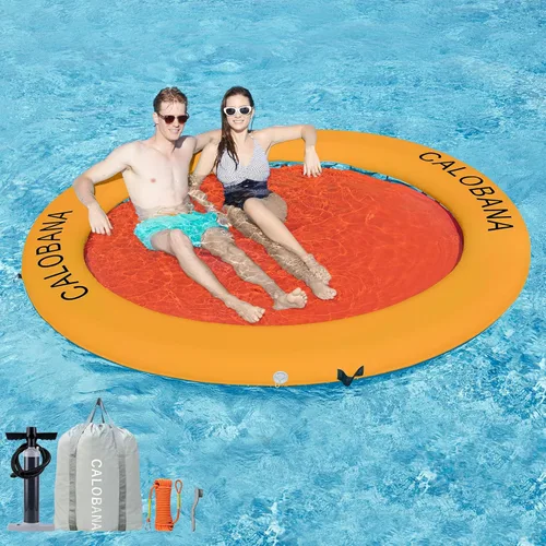 Miniatura 22 de CALOBANA Hamaca de agua inflable redonda flotante, flota lago isla balsa plataforma de muelle inflable para adultos, piscina, río, fiesta
