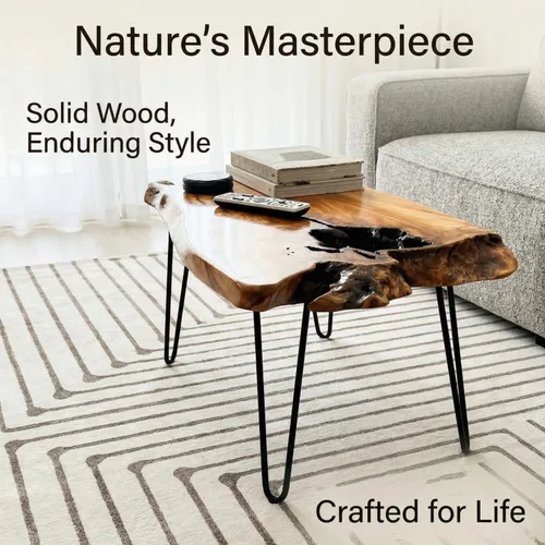 Miniatura 5 de Mesa de centro de madera natural, mesa de centro de borde vivo para sala de estar, escritorio único