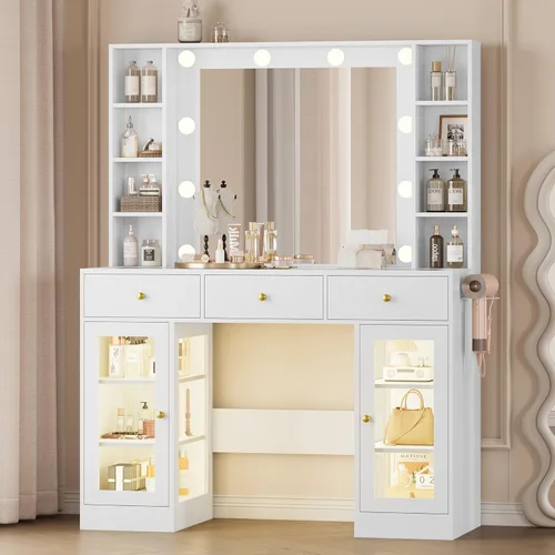 Miniatura 10 de Wodeer Pequeño escritorio de maquillaje con espejo y luces, tocador con armario de cristal, luces LED y toma de corriente, cajón y gabinetes