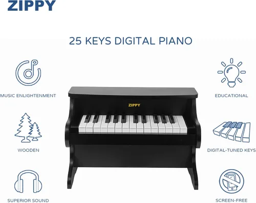 Miniatura 2 de Teclado de Piano para Niños ZIPPY, Piano Digital de 25 Teclas para Niños, Mini Instrumento Educativo Musical de Juguete, Juguete de Madera para Negro