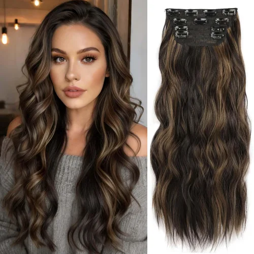 Miniatura 10 de 4 piezas de extensiones de cabello rizado con clip, color dorado oscuro, mezcla de rubio beige, sintético de 20 pulgadas de largo, extensiones