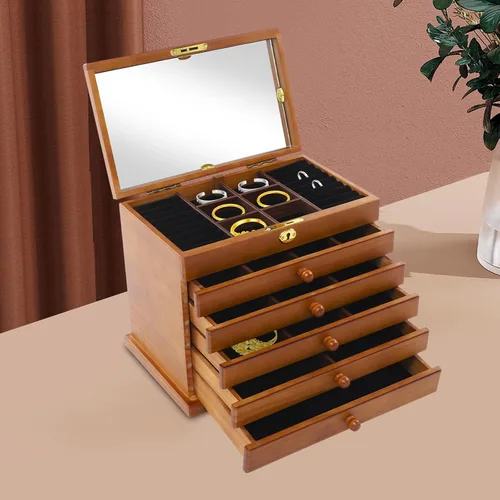 Miniatura 7 de Joyero organizador de 6 capas con cerradura y espejo, cajas de joyería de madera de trébol de cuatro hojas de la suerte y organizadores