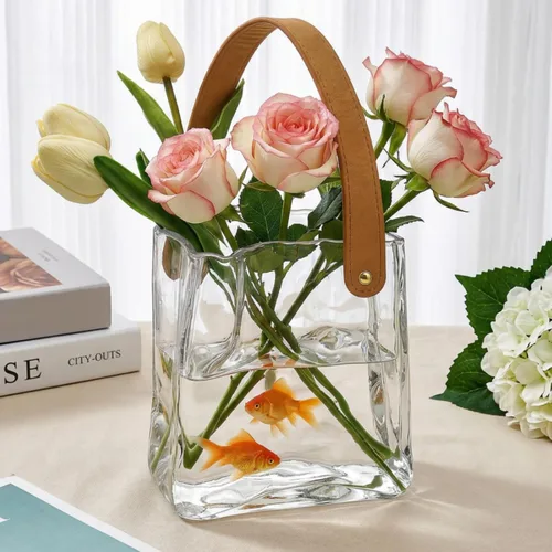 Noamus Jarrón de cristal para flores, jarrones únicos con asa de cuero, florero decorativo con forma de bolso antiarrugas, cuenco de pescado