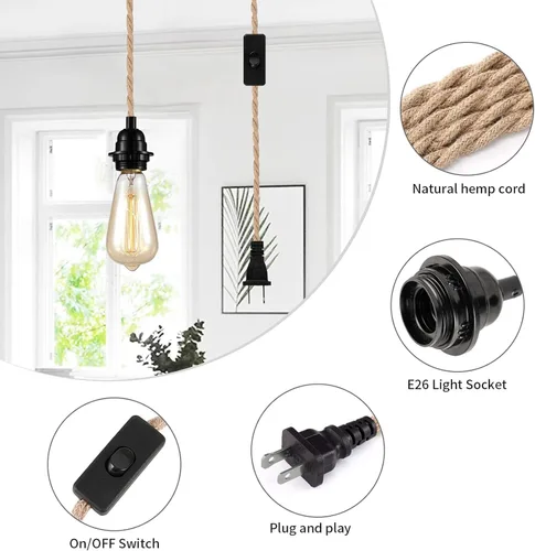 Miniatura 3 de Cable de luz colgante industrial de 15 pies - Accesorio de luz colgante enchufable, Cable de lámpara colgante estilo granja de 15 pies
