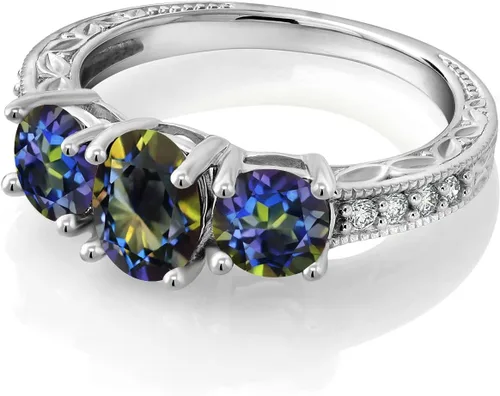 Miniatura 23 de Gem Stone King Anillo de compromiso de 3 piedras preciosas de oro blanco de 10 quilates con piedra natal y diamantes cultivados en laboratorio